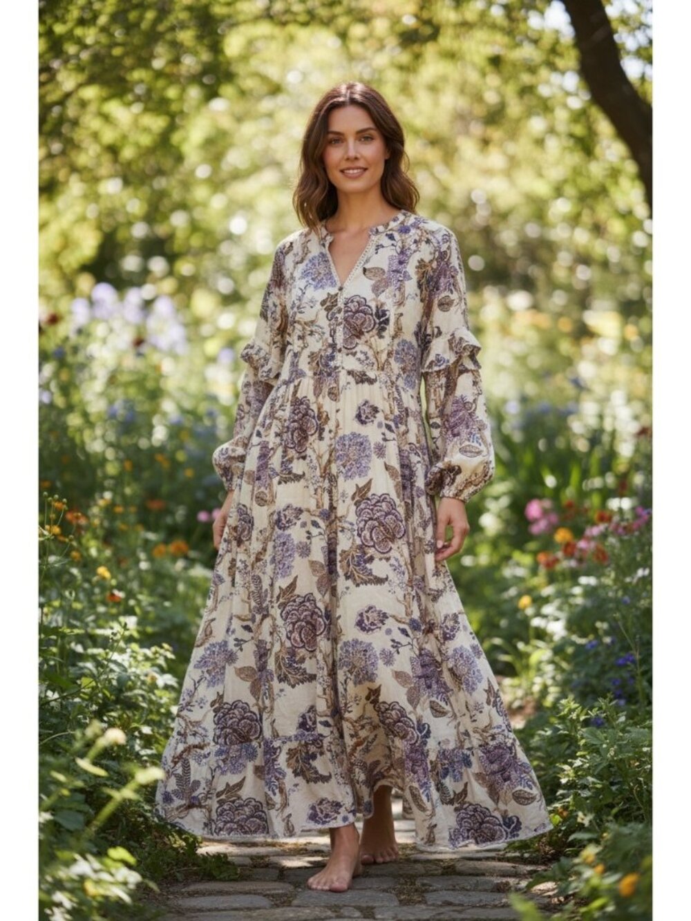 Agha Noor Floral Long Tunic Sundress Large Ballon Sleeves Ruffles Peasant Dainty